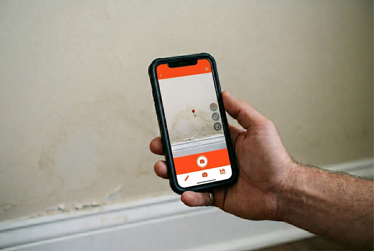 Technician photographing water-damaged wall with documentation app