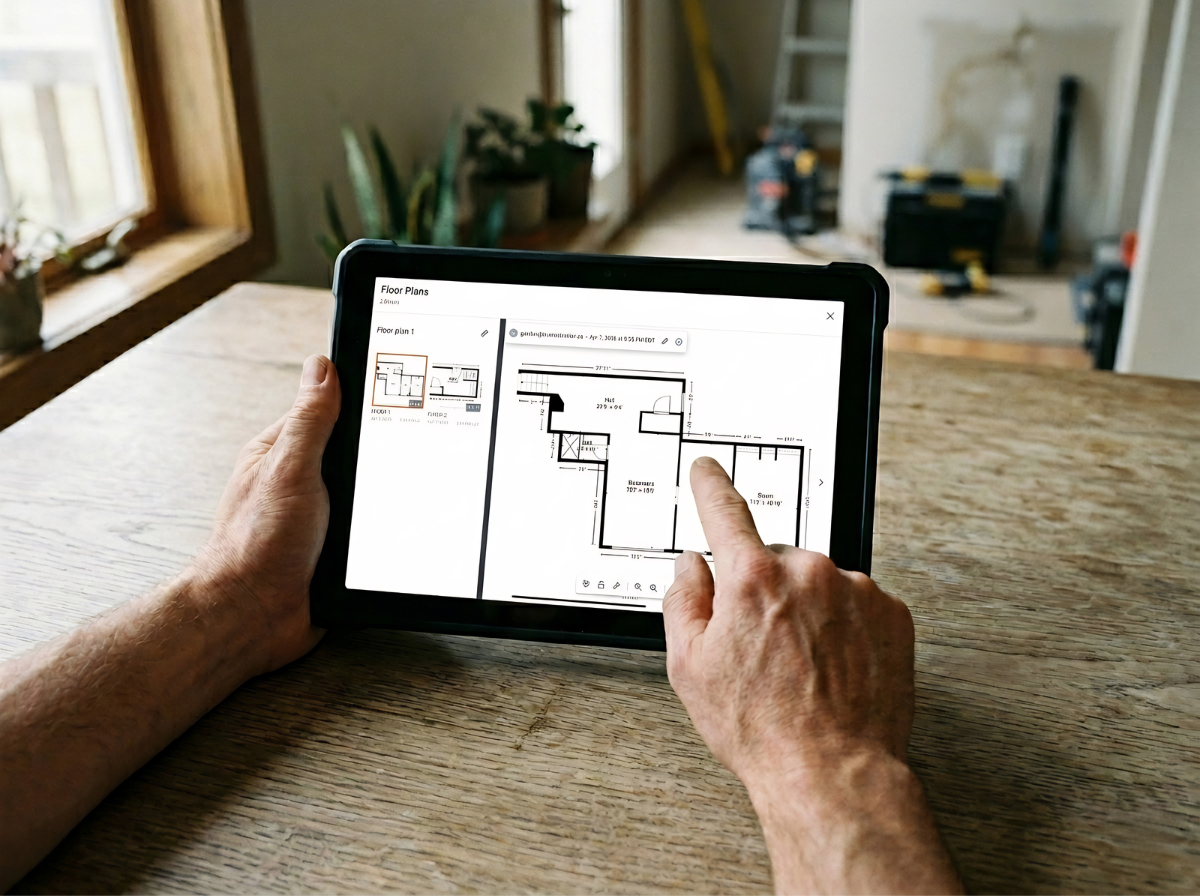 Technician reviewing floor plan documentation on tablet