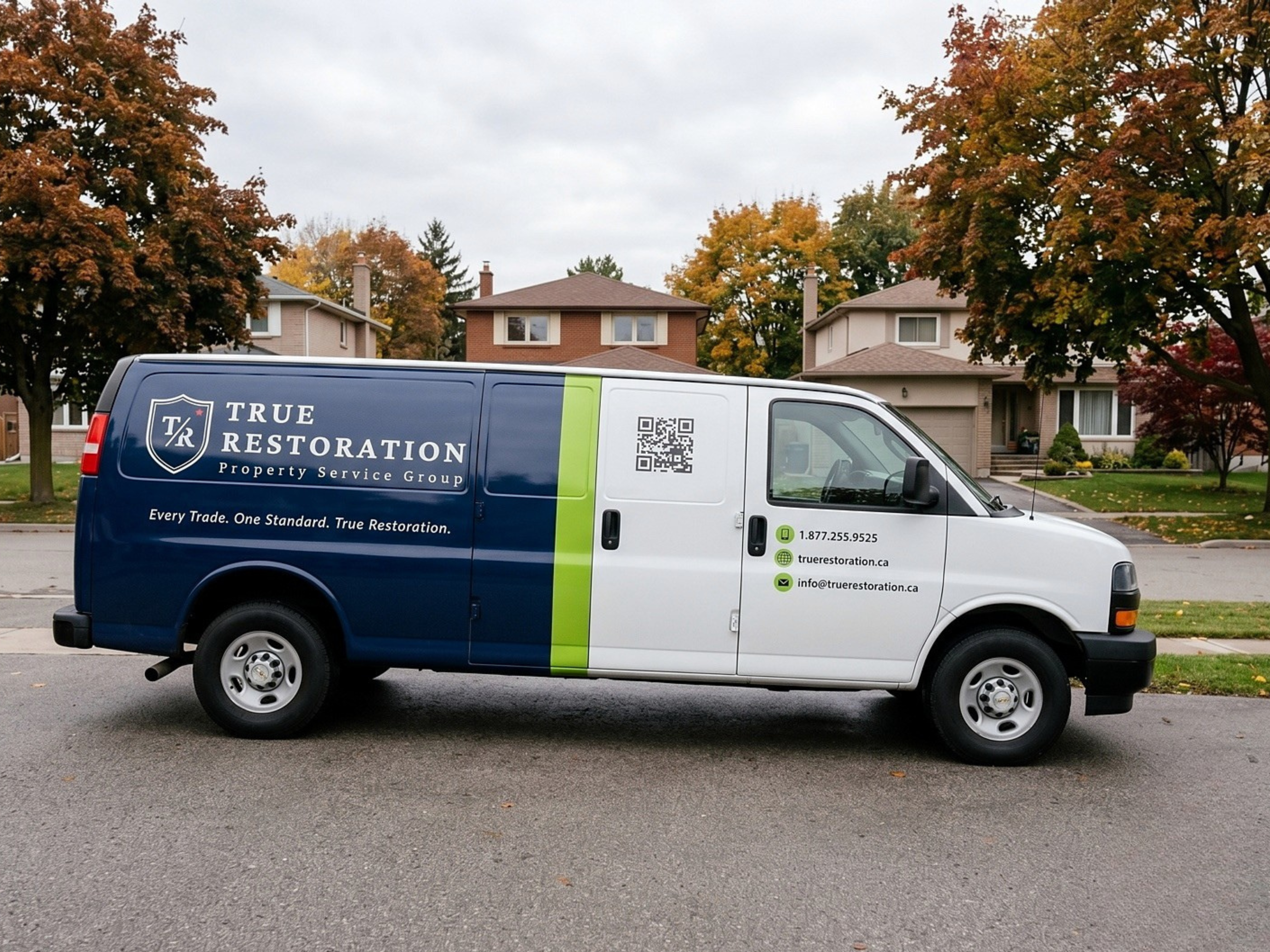 True Restoration branded fleet van in a York Region residential neighbourhood